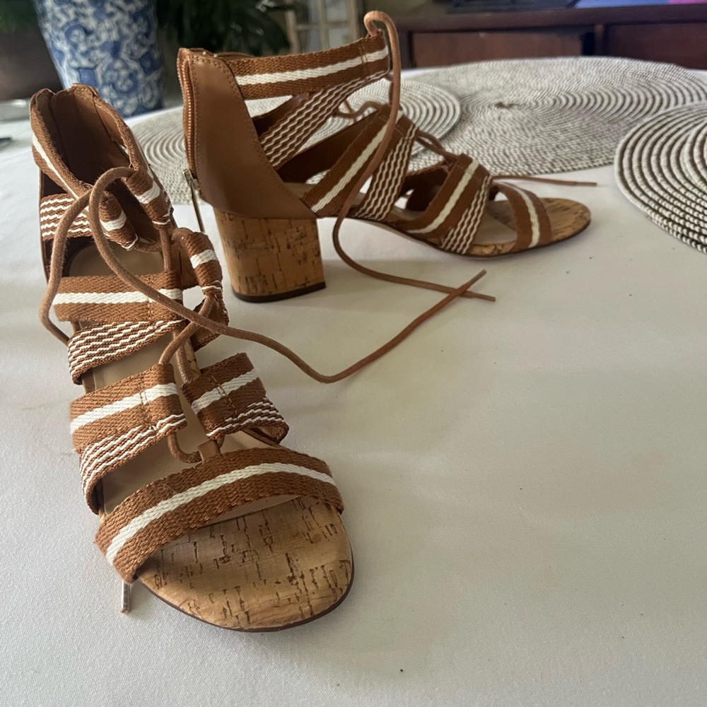 Nine West Caramel/white Cork Strappy Heels Sz 8 - Picture 2 of 5